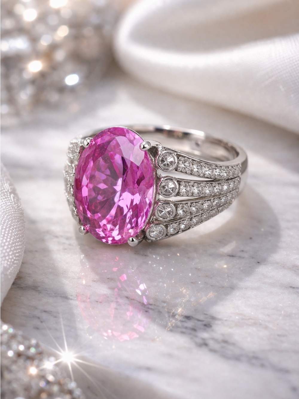 Vintage 12ct+ Lab Grown Pink Saphire Bold Sterling Statement Ring (Sz 6.5) - Picture 5 of 6